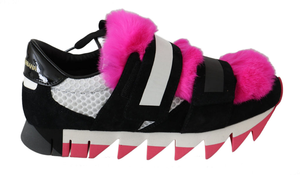 Black Leather Pink Fur Shoes Sneakers