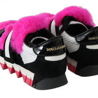 Black Leather Pink Fur Shoes Sneakers