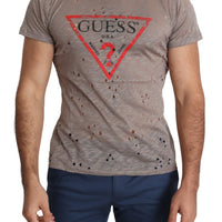 Brown Cotton Stretch Logo Print Men Casual Perforated T-shirt
