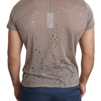 Brown Cotton Stretch Logo Print Men Casual Perforated T-shirt