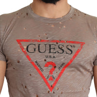 Brown Cotton Stretch Logo Print Men Casual Perforated T-shirt