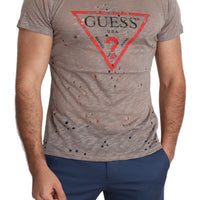 Brown Cotton Stretch Logo Print Men Casual Perforated T-shirt