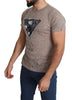 Brown Cotton Stretch Logo Print Men Casual Perforated T-shirt