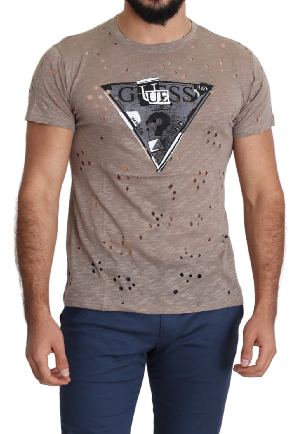 Brown Cotton Stretch Logo Print Men Casual Perforated T-shirt