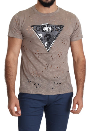 Brown Cotton Stretch Logo Print Men Casual Perforated T-shirt