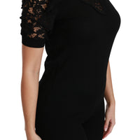 Black Lace Crewneck Short Sleeve Top Blouse