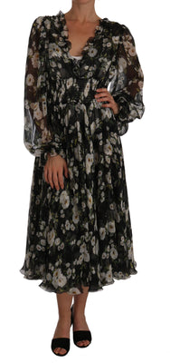 Black Daisy Floral Silk Shift A-Line Dress