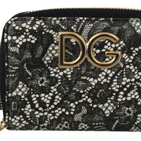 Black White Floral Lace Leather Zip Around Wallet