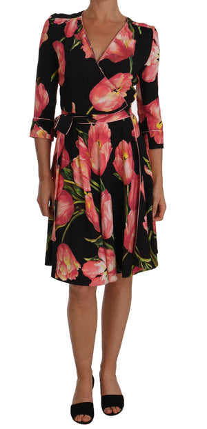 Black Pink Tulip Print Stretch Shift Dress