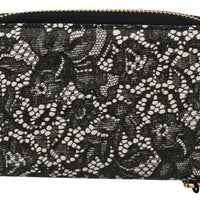 Black White Floral Lace Leather Zip Around Wallet