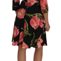 Black Pink Tulip Print Stretch Shift Dress