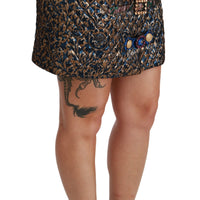 Gold Blue Jacquard Crystal Mini Skirt