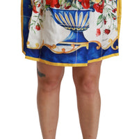 White Flower Vase High Waist Mini Skirt Silk