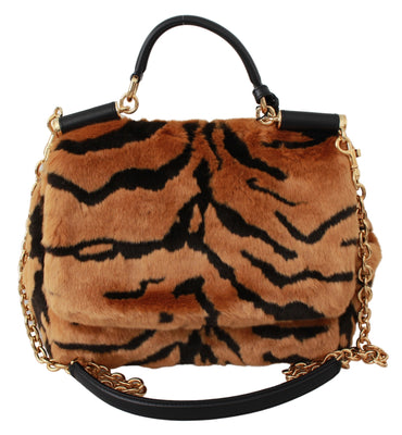 Brown Tiger Print Fur Dolce & Gabbana Shoulder Sling Purse SICILY Bag