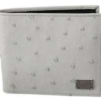 White Ostrich Leather Bifold Mens Card Bill Slot Wallet