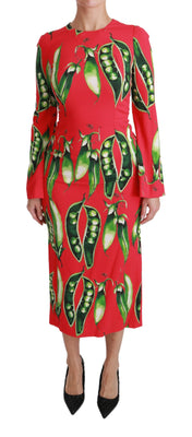 Red Snap Pea Print Longsleeve Midi Dress