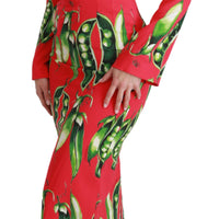 Red Snap Pea Print Longsleeve Midi Dress