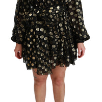 Black Gold Lurex Polka Dots Silk Flared Dress