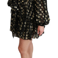 Black Gold Lurex Polka Dots Silk Flared Dress