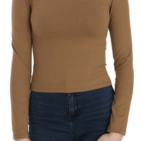 Brown Long Round Neck Sleeve Fitted Shirt Tops Blouse