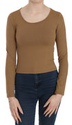 Brown Long Round Neck Sleeve Fitted Shirt Tops Blouse