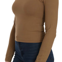 Brown Long Round Neck Sleeve Fitted Shirt Tops Blouse