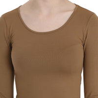 Brown Long Round Neck Sleeve Fitted Shirt Tops Blouse