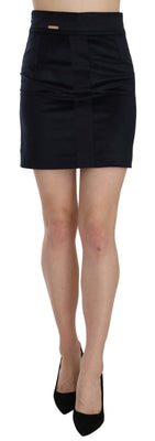 Blue Cotton Blend High Waist A-line Mini Skirt