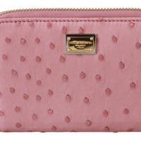 Pink Ostrich Skin Leather Full Zipper Clutch Wallet