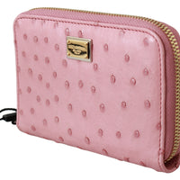 Pink Ostrich Skin Leather Full Zipper Clutch Wallet