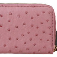 Pink Ostrich Skin Leather Full Zipper Clutch Wallet