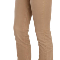 Brown Cotton Stretch Mid Waist Skinny Trousers Pants