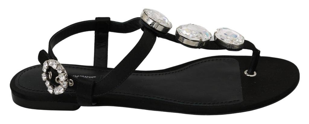 Black Silk Crystal Flats Sandals Shoes