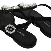 Black Silk Crystal Flats Sandals Shoes