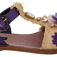Purple Leather Crystal Flats Sandals