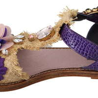 Purple Leather Crystal Flats Sandals