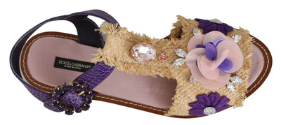 Purple Leather Crystal Flats Sandals