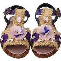 Purple Leather Crystal Flats Sandals