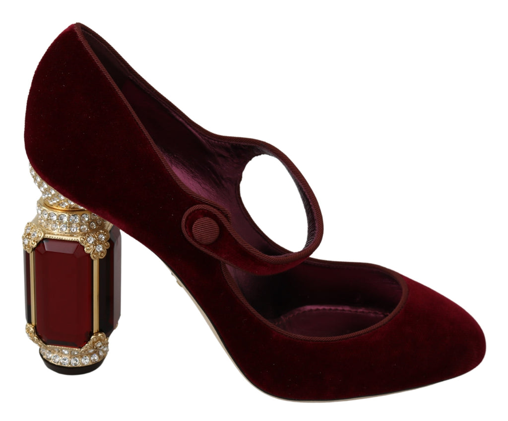 Red Velvet Gold Crystals Heels Mary Jane Shoes