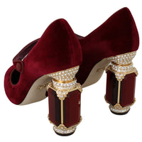 Red Velvet Gold Crystals Heels Mary Jane Shoes