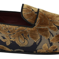 Blue Gold Velvet Brocade Loafers Shoes