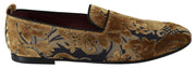 Blue Gold Velvet Brocade Loafers Shoes