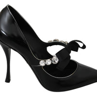 Black Leather Crystal Heel Mary Jane Shoes