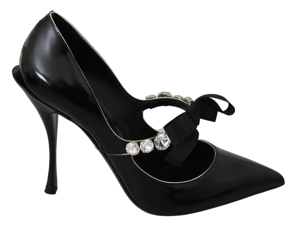 Black Leather Crystal Heel Mary Jane Shoes