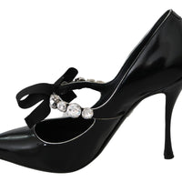 Black Leather Crystal Heel Mary Jane Shoes