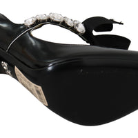 Black Leather Crystal Heel Mary Jane Shoes
