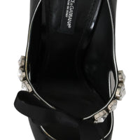 Black Leather Crystal Heel Mary Jane Shoes