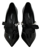 Black Leather Crystal Heel Mary Jane Shoes