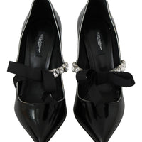 Black Leather Crystal Heel Mary Jane Shoes