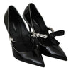 Black Leather Crystal Heel Mary Jane Shoes